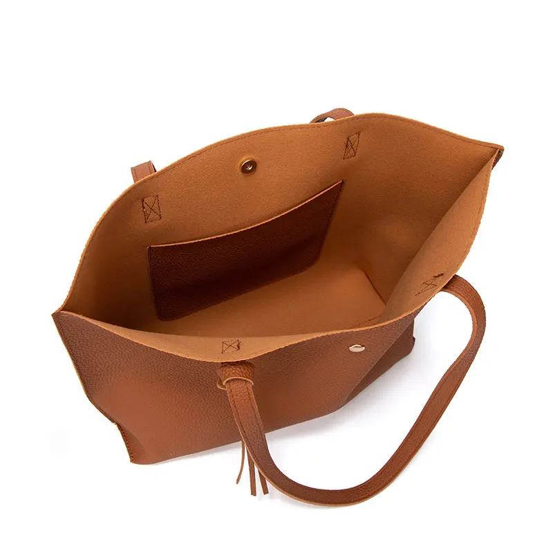 Women Solid Color Tassel Pu Leather Large Capacity Shopping Bag Purse Handbag Ladies Tote Shoulder Bag for Outdoors