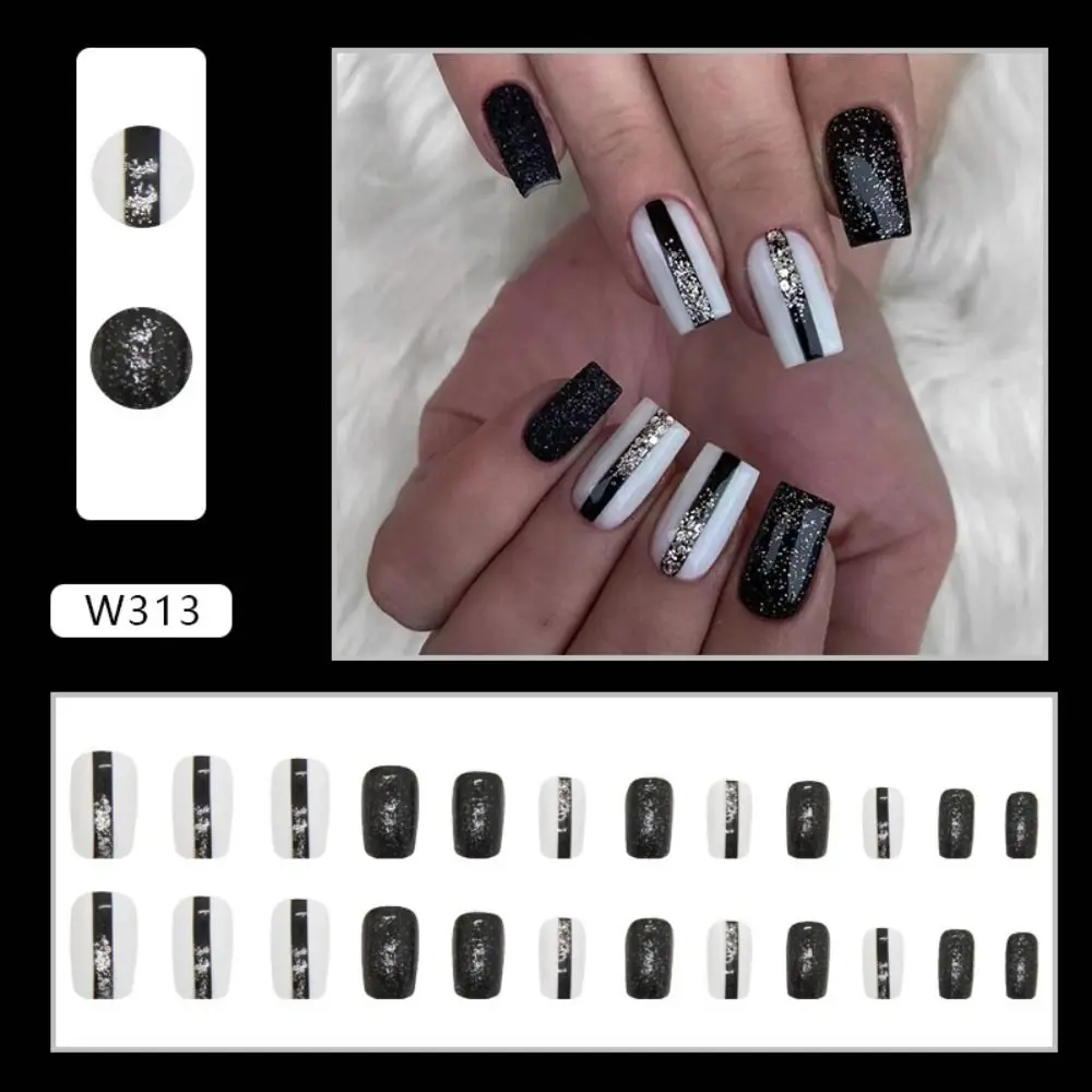 

HEALLOR 24pcs Nail Tips Manicure DIY Press on Nails Long Square French Black White Glitter False Nails