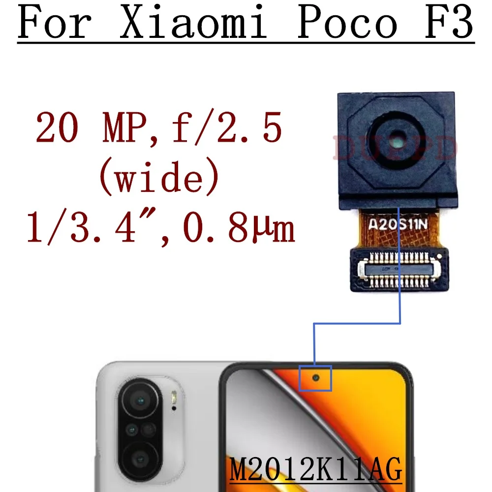Фото Передняя камера для Xiaomi Poco F2 Pro F3 GT F4 GT F5 Pro, маленькая широкая фронтальная камера для селфи, модуль гибкого кабеля, детали №1