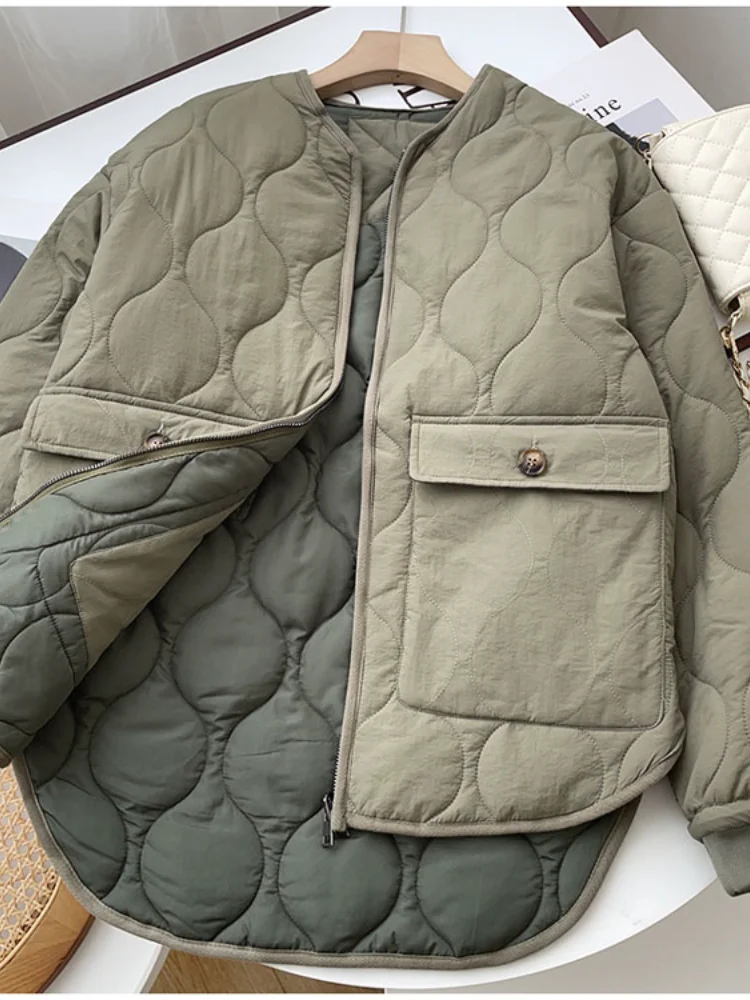 Армейский зеленый хлопок женские парки осень зима v-образный вырез карман с