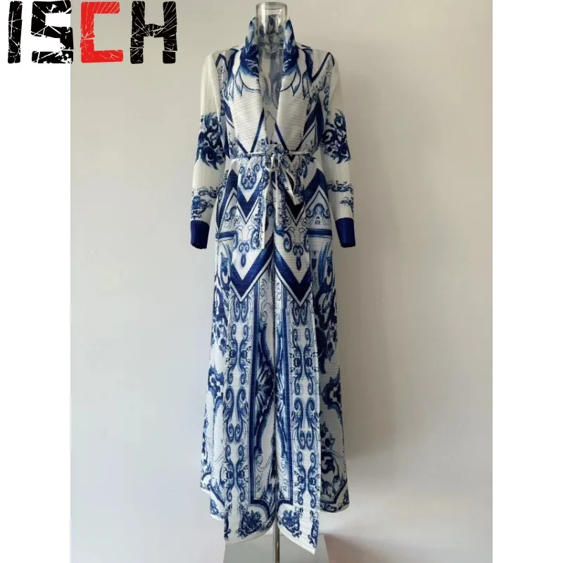 Плиссированные Длинные пальто с отложным воротником и принтом новинка 2024 модная