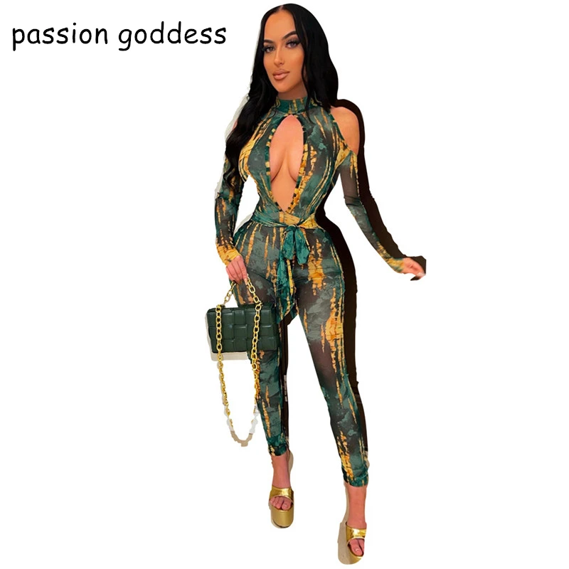 

New Long Sleeve Tie Dye Print Mesh One Piece Jumpsuit Women Outfits 2022 Hollow Out Skinny Perspective Sexy Club Party Rompers