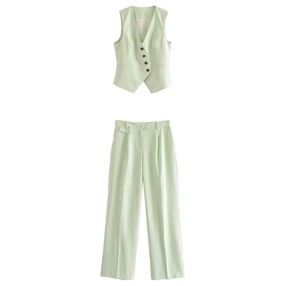 

Set Women 2 Pieces 2023 New Fashion Dissymmetry Vest Vintage Wide Leg and High Waist Pants Female Waistcoat Chic Tops
