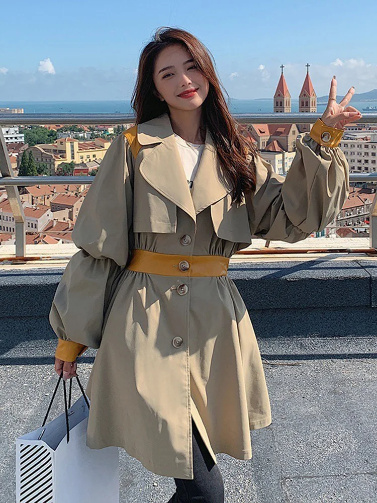 

Contrast Color Tight Waist Windbreaker Women Harajuku Streetwear Skirt Type Outertwear Autumn New Lantern Sleeve Jacket Female