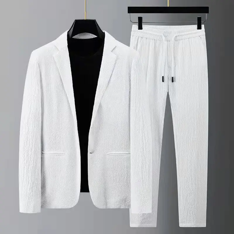 Drawstring Pants Blazers Men's Sets Tracksuit Spring Autumn Pleated Suits Thin Casual Formal Outfits Black White Single Button