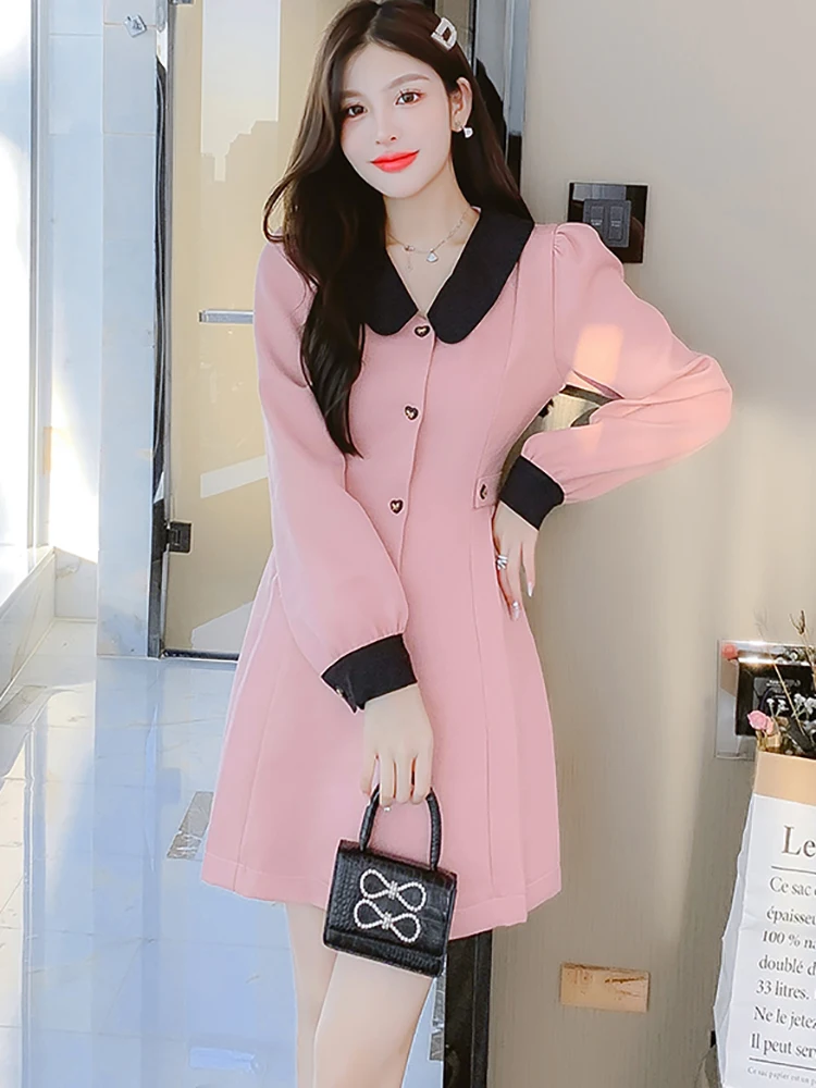 

Женское розовое мини-платье с длинным рукавом и кукольным воротником осеннее Элегантное повседневное офисное женское платье 2023 корейское модное облегающее вечернее платье