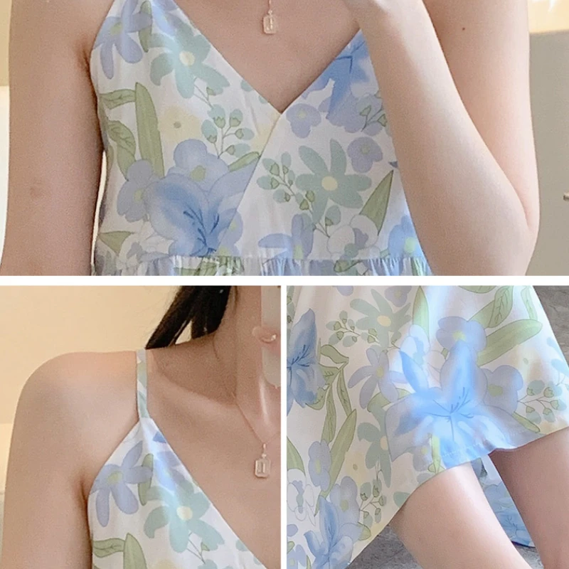 Ночные рубашки на бретелях-спагетти Женская милая одежда для сна с цветочным