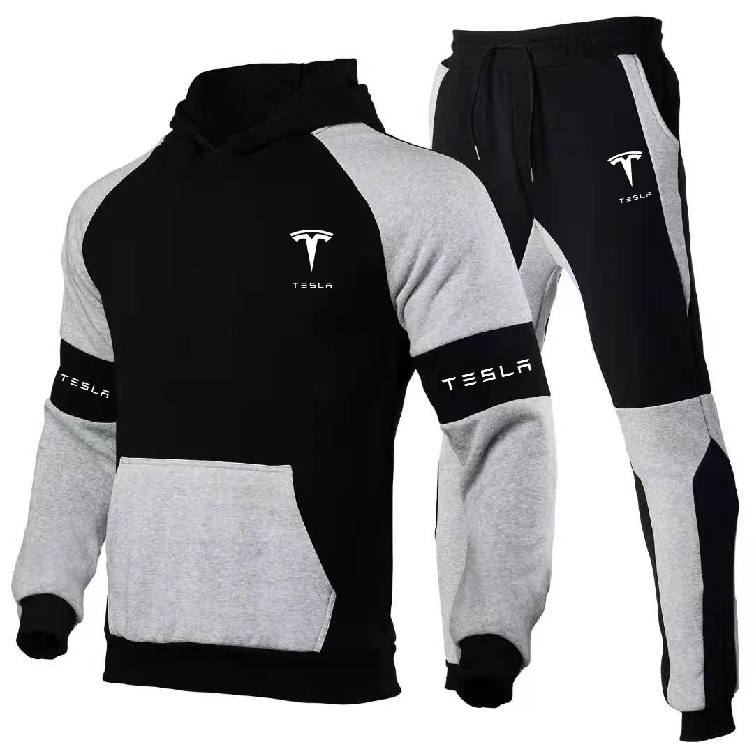 

Tesla Logo 2021 Spring and Autumn Men's Punk Hooded Sweater Set New Fleece Sweater Men's Hip Hop Sportswear Sweater 2 Piece Set