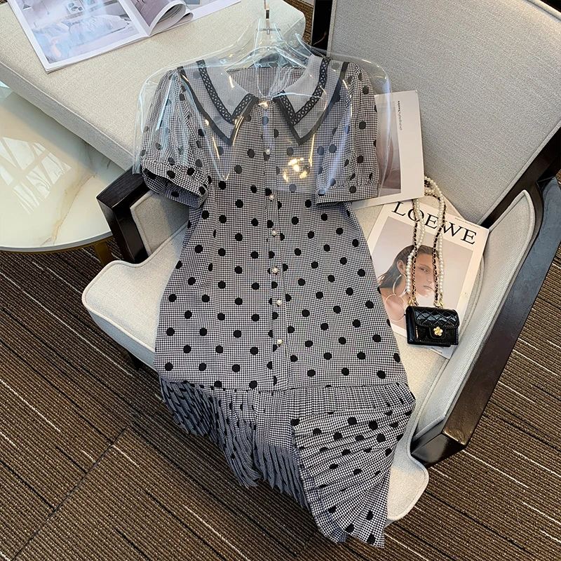 

Gray Polka Dot Dress Summer Korean Women Pleated Pearl Buttons Slim Peter Pan Collar Dress Loose Casual Elegant Vestidos Slim