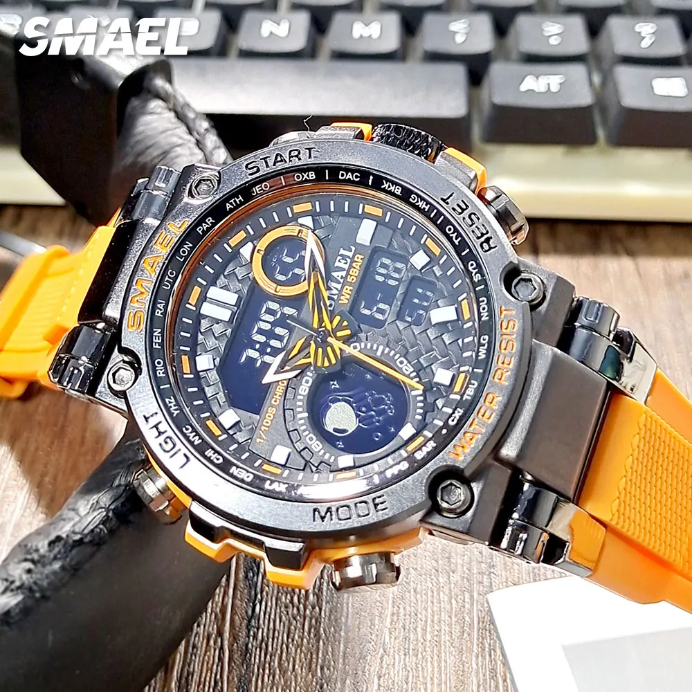 

SMAEL Yellow Watch for Men Electronic Digital Sport Wristwatch with Chronograph Dual Time Display Auto Date Week Alarm 1803B