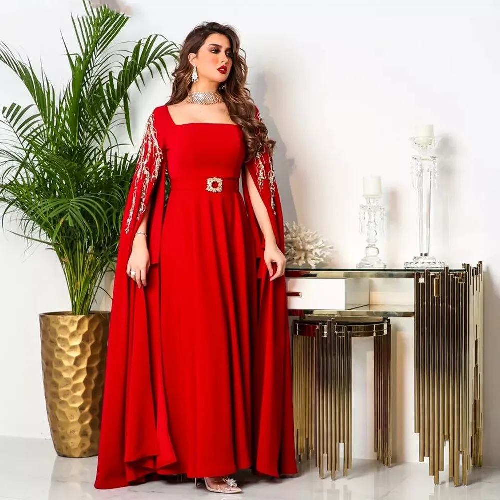 

2022 Red Satin A Line Caftan Evening Dresses Long Cape Beads Applique Embroidery Dubai Arabic Women Formal Prom Gowns