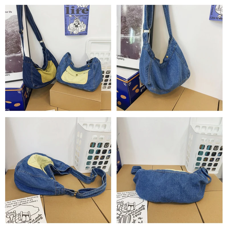 Contrast Color Women's Bag 2022 Trend Denim Shoulder Bag Big Shopping Bag Large Capacity Messenger Bags Eco Bag Korean Satchel