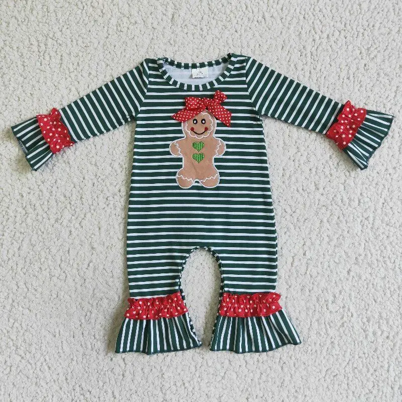 

embroidery cookies pattern girls romper green stripe bows design fall winter 100% cotton Christmas newborn baby clothing