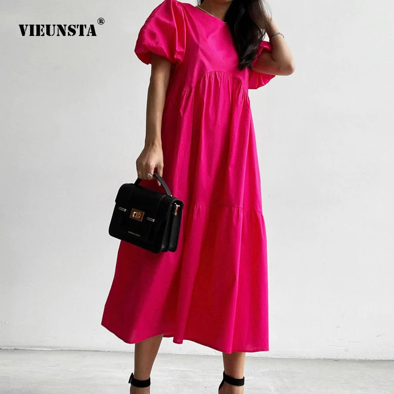 

Fashion Solid Color Casual Round Neck Short Sleeve Dress 2022 Summer Lantern Sleeve Loose Zipper Mid Length Dress Large Size 3XL