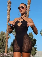 sexy bodysuit backless see through halter neck rompers black summer white hollow out sexy sleeveless bodycon mesh bodysuit women