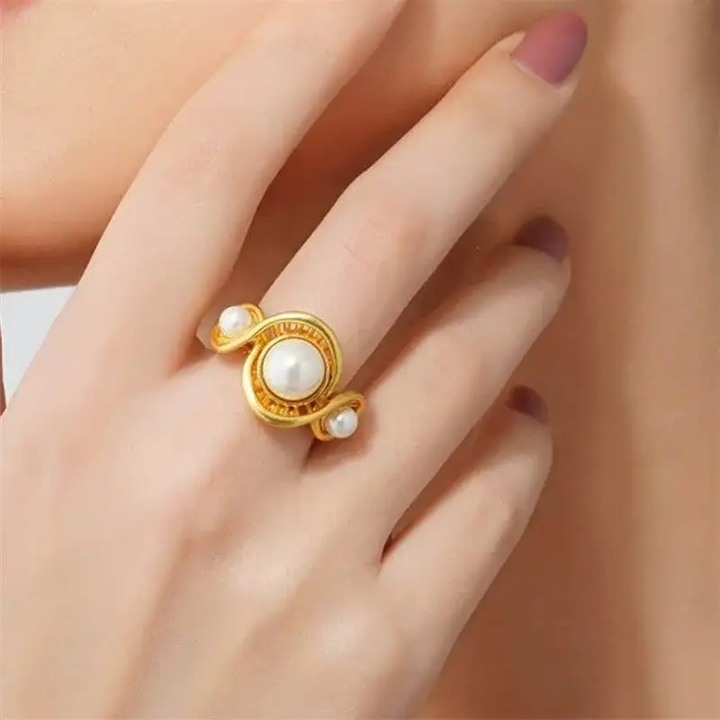 

Statement Fashion Metallic Pearl Adjustable Rings For Women 2023 New Retro Personality Jewelry Ring