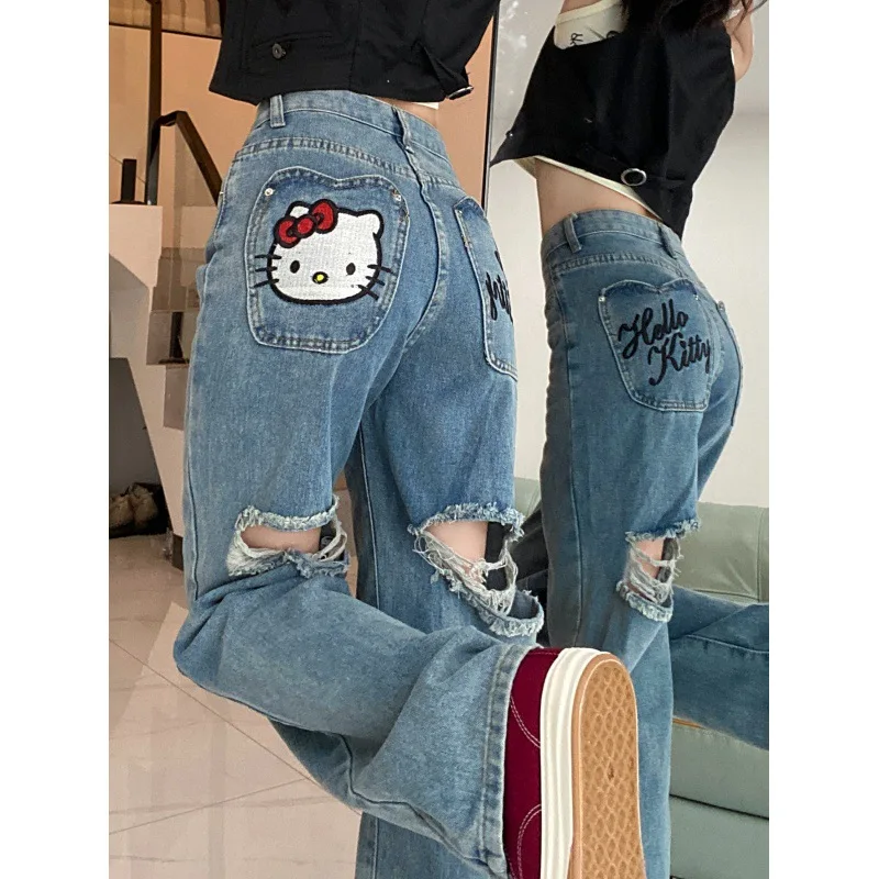 

Hello Kitty Jeans Retro Trend Y2K Embroidery Hole Cowboy Loose Fitting Loose Pants Holiday Birthday Gift