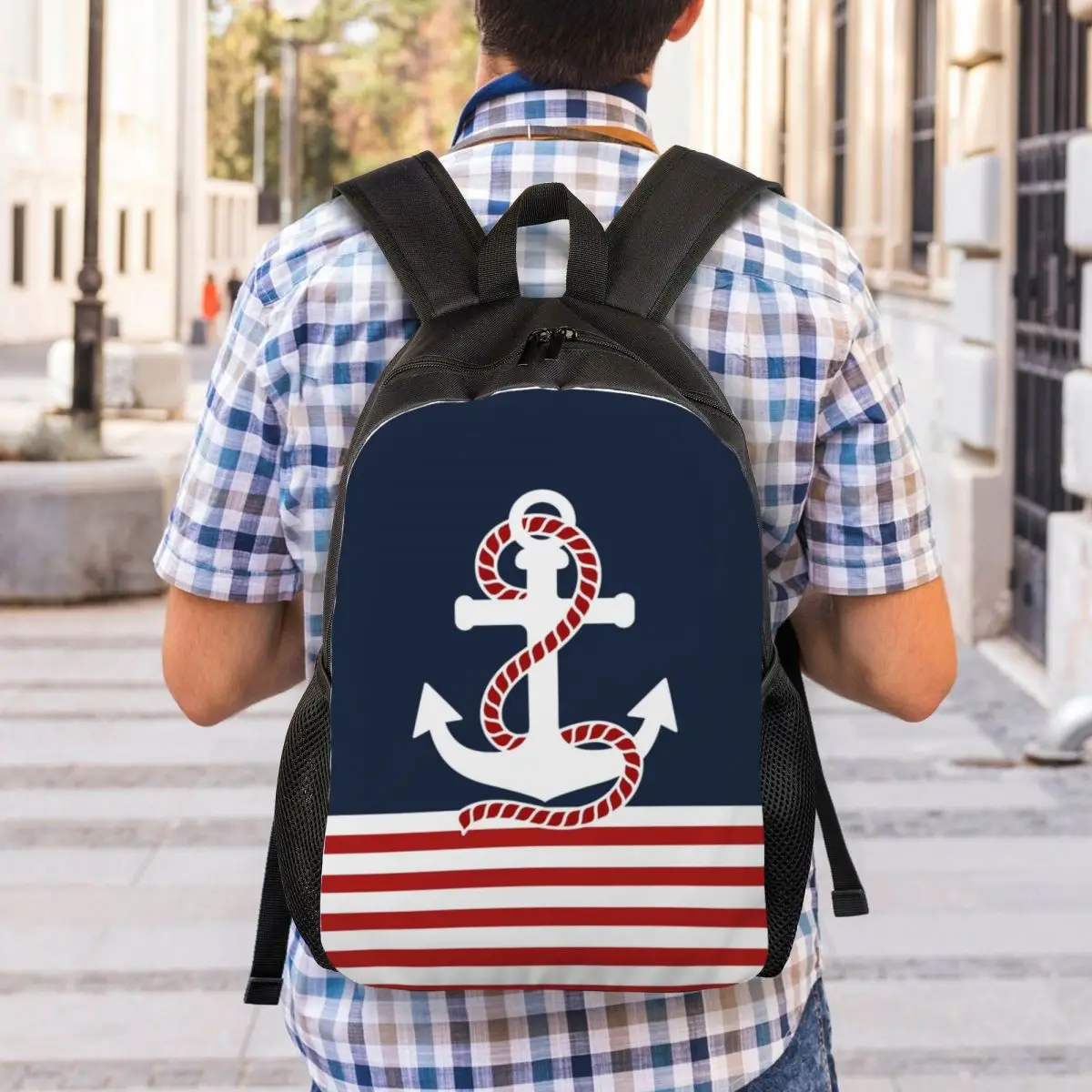 Nautical Stripes And Red Anchor Backpack for Boys Girls Sailing Sailor College School Travel Bags Bookbag Fits 15 Inch Laptop images - 6