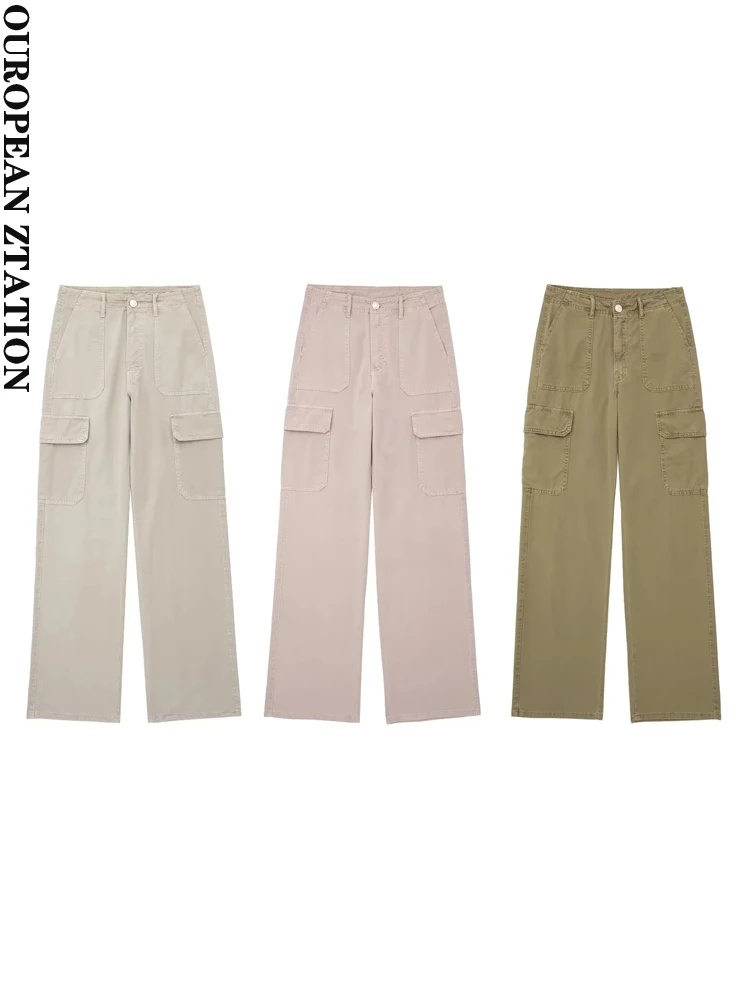 PAILETE Women 2023 fashion side patch pockets straight cargo pants vintage high waist zipper fly female trousers mujer