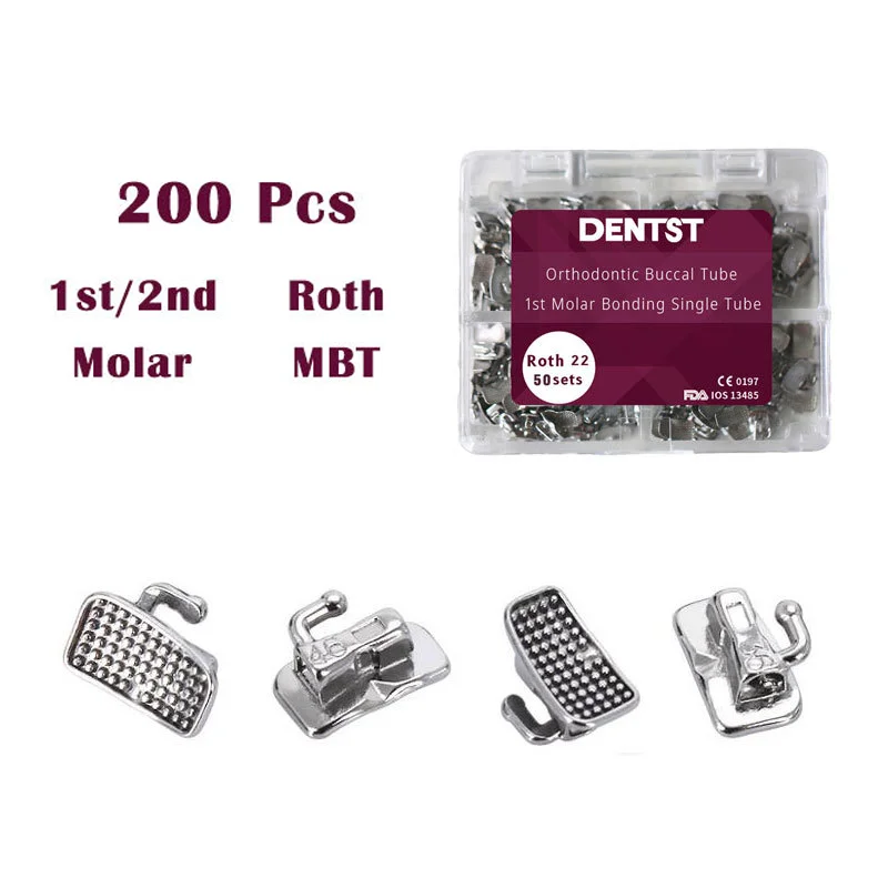 

200pcs/Box DENTST Dental Orthodontic Buccal Tube 1st/2nd Molar Bondable Monoblock N-Convertible Single Mesh Base Roth 0.022