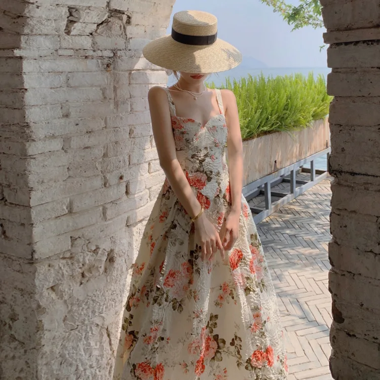 

Summer Spaghetti Strap Women Dress Camisole Floral Print Retro Beach Style Party Dress Female Sexy Midi Ladies Sleeveless Chic