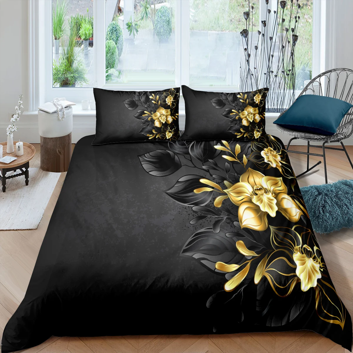 

Home Textiles Luxury 3D Gold Flower Duvet Cover Set and Pillowcase Kids Bedding Set AU/EU/UK/US Queen and King Size Bedding