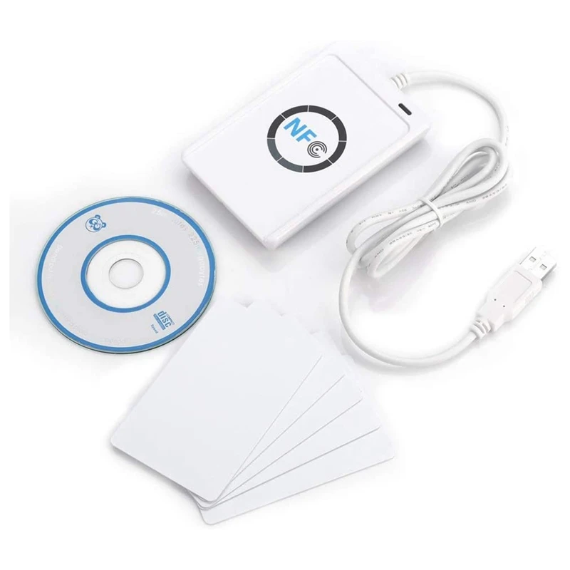 

USB NFC кардридер, записывающее устройство RFID NFC, считывающее/записывающее устройство ACR122U ISO 14443A / B + программное обеспечение в белом цвете
