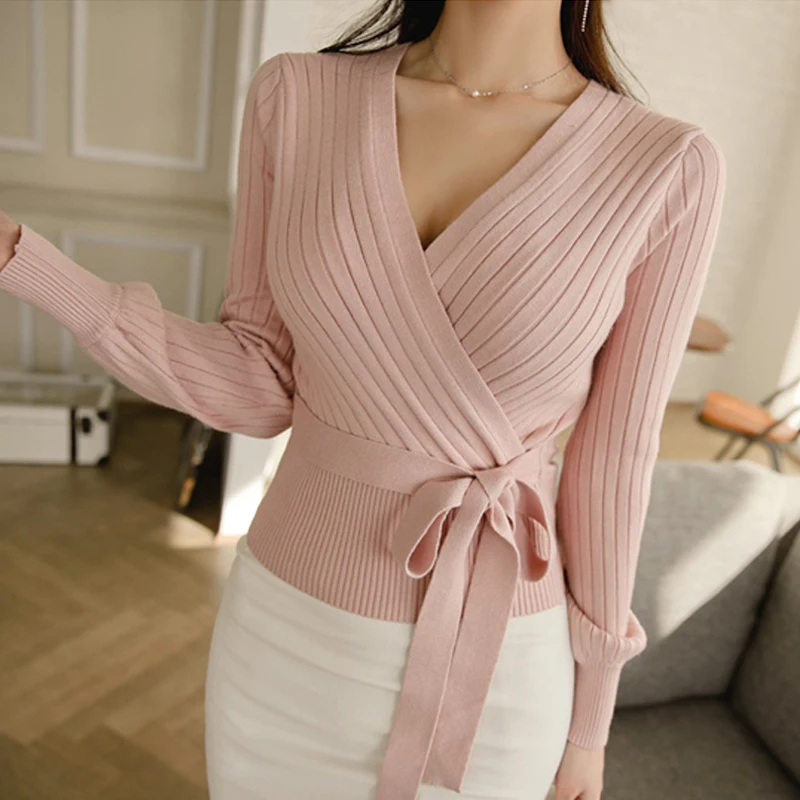 

Cross V Neck Pink Sweater Women Long Sleeve Wrap Spring Lace Up Knitted Sweater Autumn Black OL Jumper Ladies Tops Elegant 24306