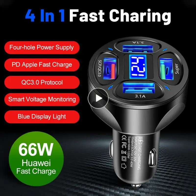 

Universal Car Charger Supports 66w 4usb Digital Display Cigarette Lighter Multifunctional Car Charger Fast Charging Car Supplies
