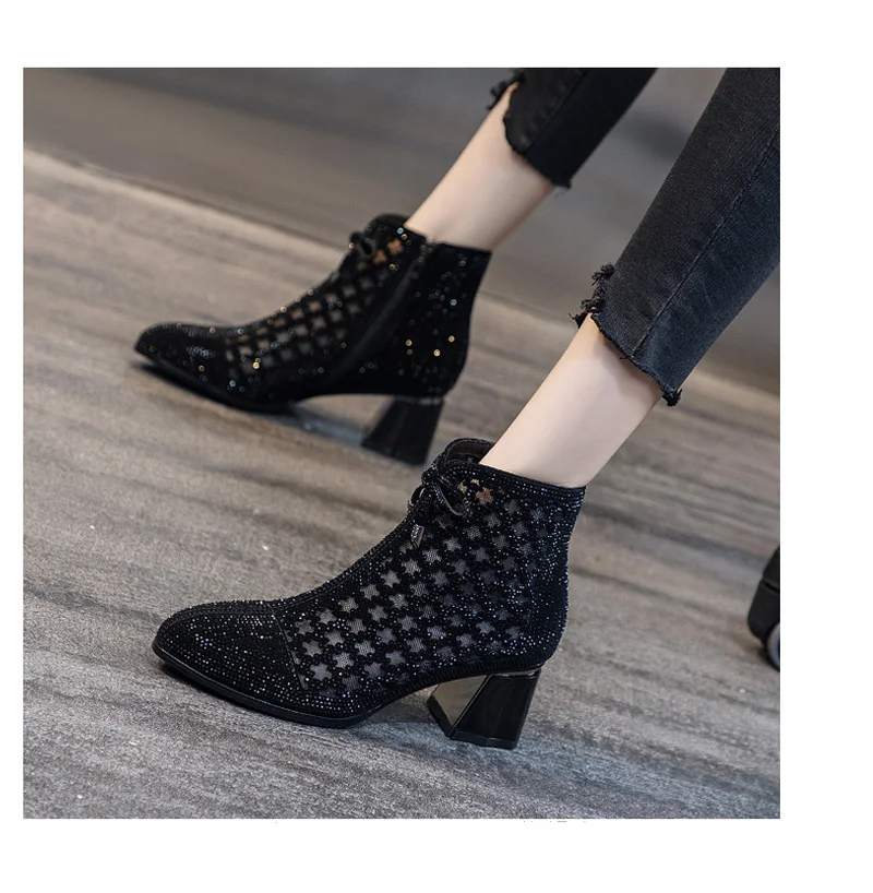 

Mesh Lace High Heels Women Sandals Chunky Pumps 2022 New Trends Summer Bling Luxury Cool Boots Sandals Pointed Toe Women Shoes