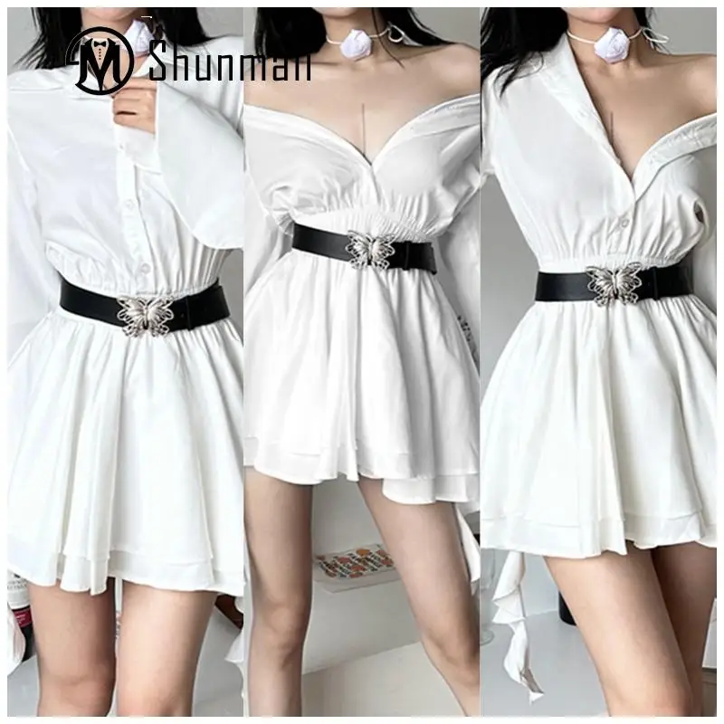 

Women A Line Blouse Dress Slim Fit French Elegant Pleated Dress with Belt Trendy Solid Color Chic Party Clubwear
