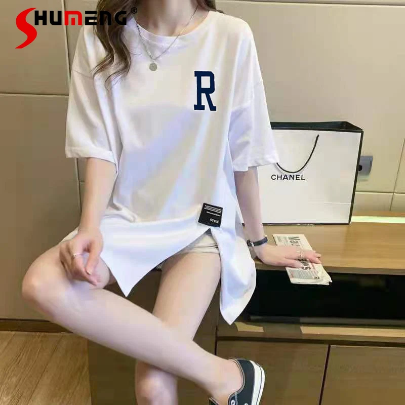 

Fashion Letter Floral Print Slit O-Neck White T-shirt Women 2022 Summer New Irregular Loose Short Sleeve Mid-Length Tshirt Top