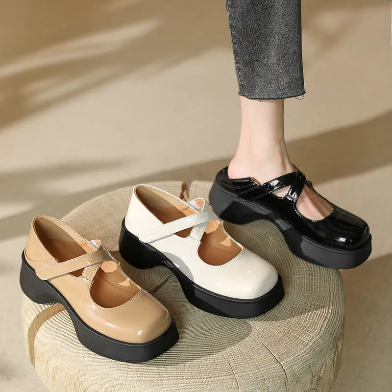 

PU Patent Leather Good Quality Cross Buckle Strap Platform Ballet Flats Women Work Shoes Comfortable For Work Mary Janes Shoes