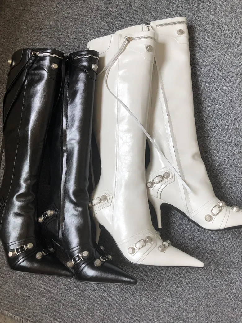 Sexy Veined Metal Cone Rivets Studs Knee Boots Woman Long Tassel Pointed Toe Fluorescent Leather Runway Boots Woman Knight Boots