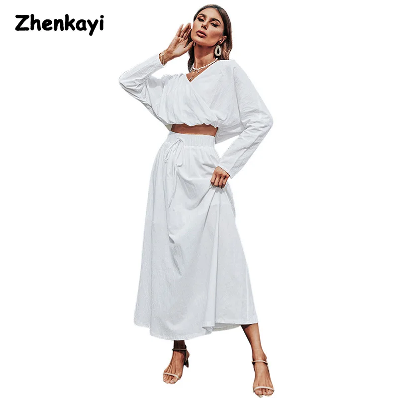 

Summer Dresses Woman 2022 Two-piece Women's Casual White Long-sleeved V-neck Top Fashion Dresses Elegant Dresses for Women