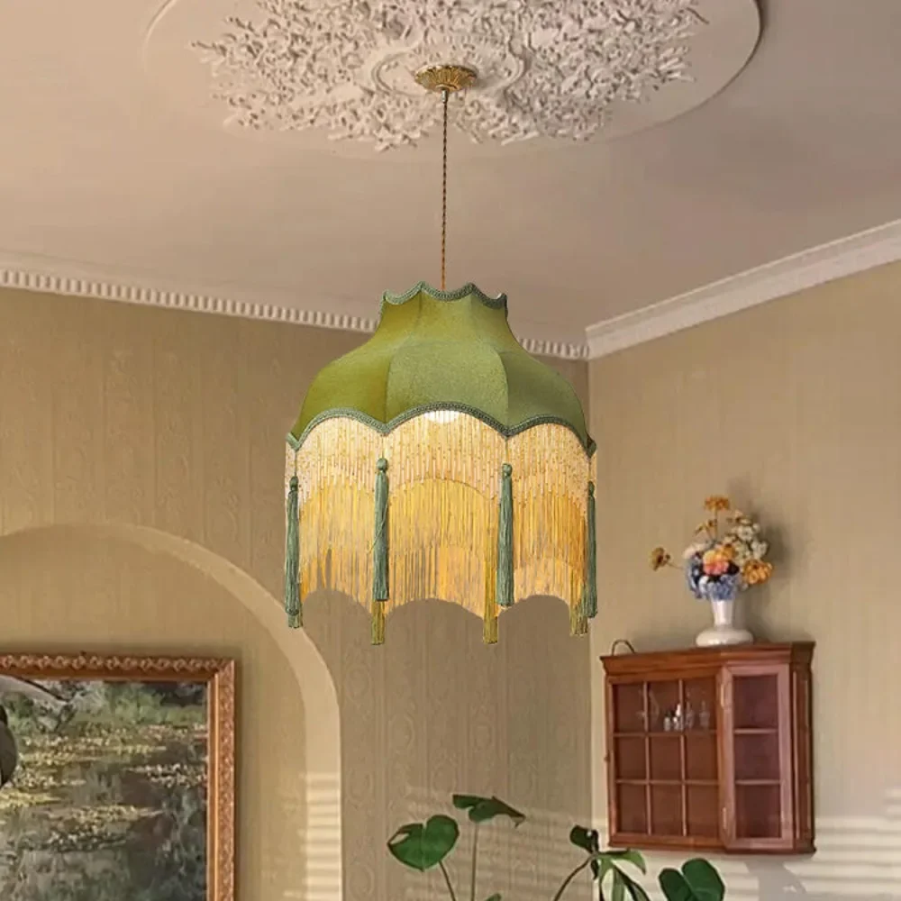 Винтажная Потолочная люстра зеленая тканевая прикроватная лампа с кисточками