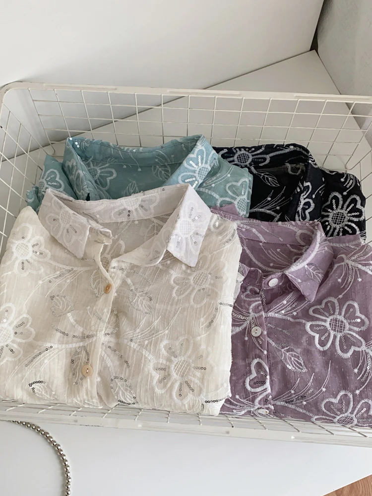 Уличная женская блузка с блестками рубашка длинными рукавами и цветочной