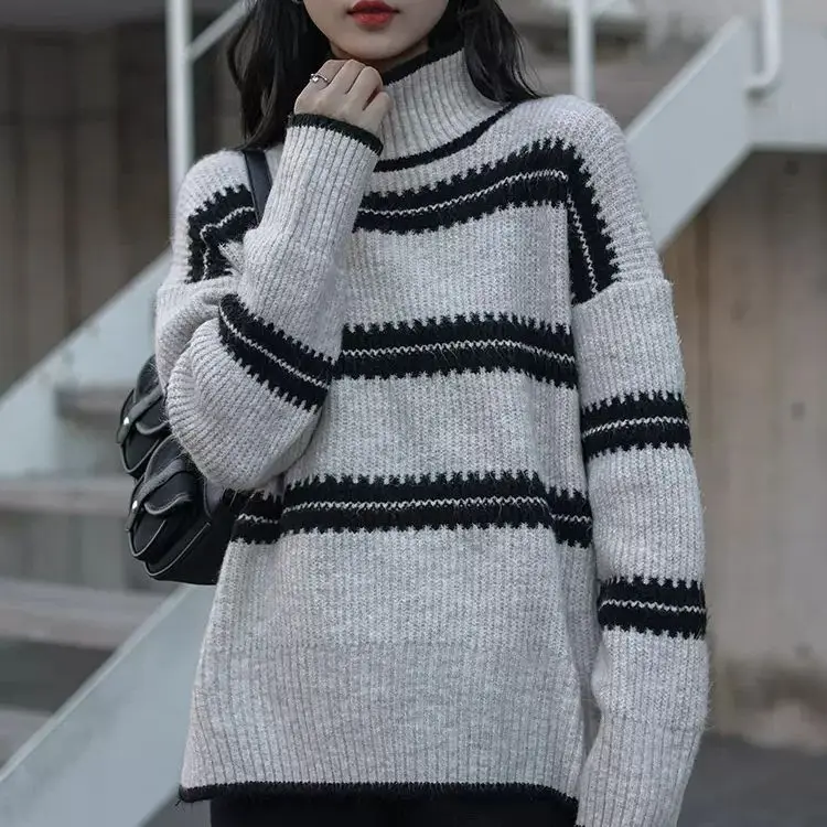 

New Half High Collar Woman Knitted Sweater Fashion Ladies Sweaters Winter 2023 Striped Long Sleeve Autumn Keep Warm Tops J32