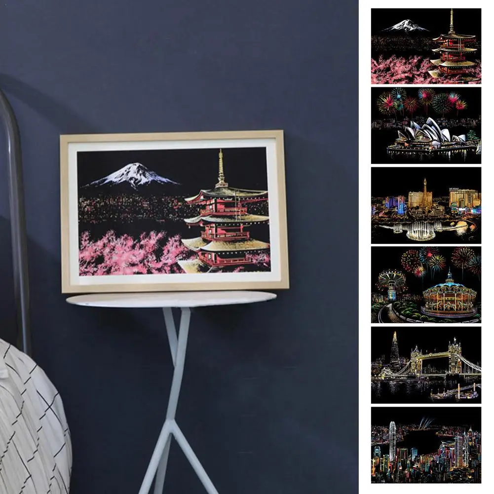 

6 Colors Decorative Scratch Painting World Sightseeing Pictures Sketch Pads DIY Creative Night View Scratchboard For Home Decor