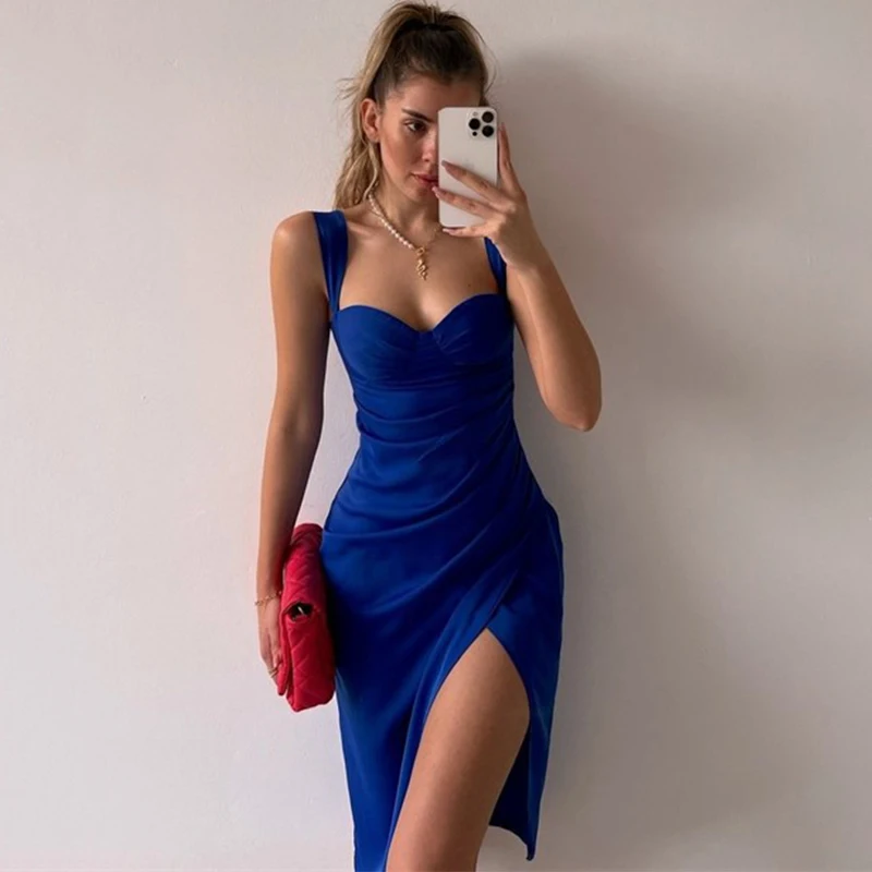 Ardm Sexy Pleated Split Bodycon Summer Midi Dresses For Women 2022 Sleeveless Backless Holiday Party Spaghetti Dress Vestidos