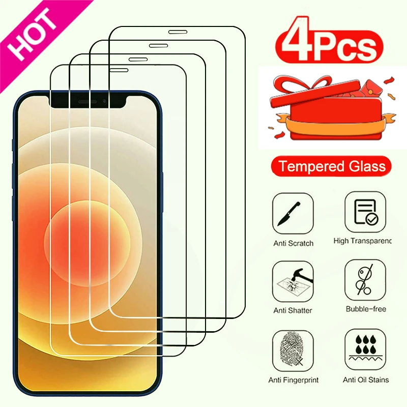 

4PCS Full Cover Protective Glass For iPhone 11 12 13 14 Pro Max Screen Protector On iPhone X XR Xs Max 6S 7 8 Plus 13 Mini Glass