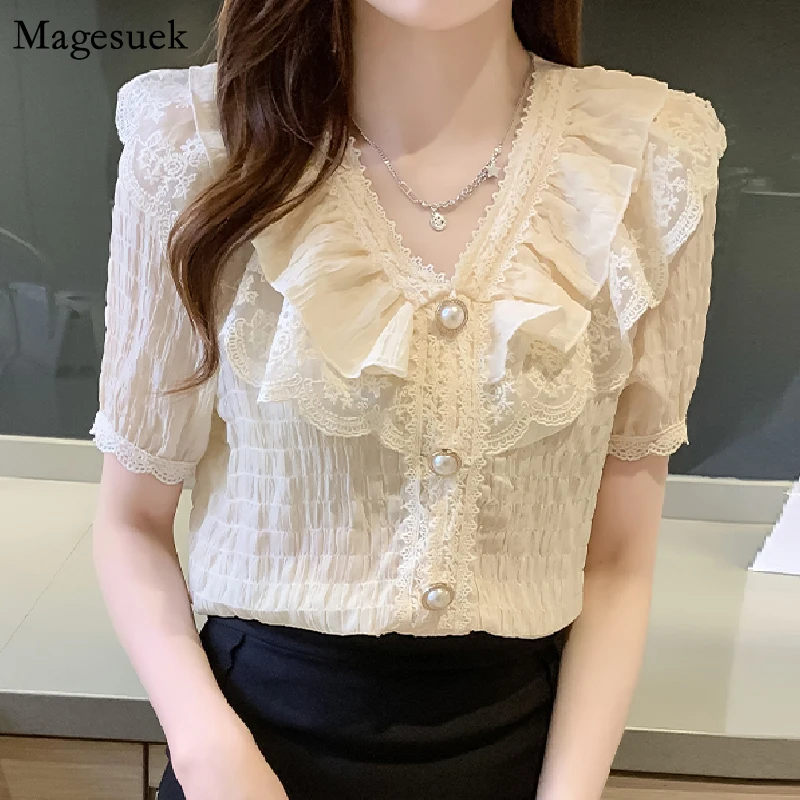 

Slim Ruffles V-neck Lace Women Blouse Tops Vintage Pleated White Chiffon Shirt Women Palace Style Short Sleeve Woman Tops 15273