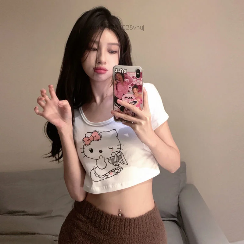 

Sanrio Short Sleeved T-shirt Female Hello Kitty Cartoon Funny Print Creative Design Sexy Top Kawaii Graphic Slim Clothe Y2k Girl