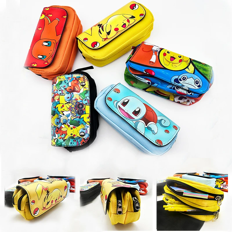 

New Pokemon anime cute cartoon pen bag with large capacity double layer stationery storage bag for children's birthday gifts