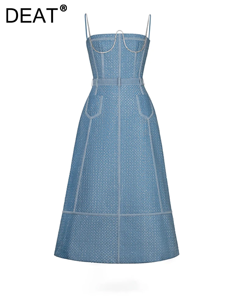 DEAT Denim Dress Slim Waist Strapless Spliced Pockets Blue Long A-line Diamond Strap Dresses 2023 Summer New Fashion 13DB1723