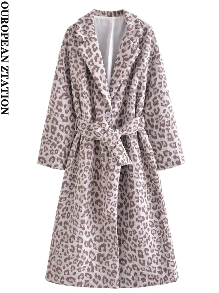 PAILETE Women 2022 fashion with belt faux fur leopard print wool coat vintage long sleeve pockets female outerwear chic overcoat