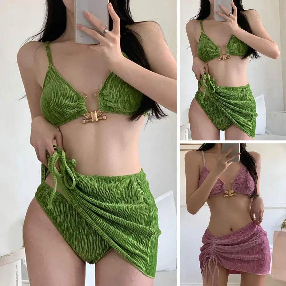 

3Pcs/Set Ribbed Metal Ring Connection Bikini Cover Up Set Side Drawstring Padded Wire Free Sling Bra High Waist Briefs Skirt Set