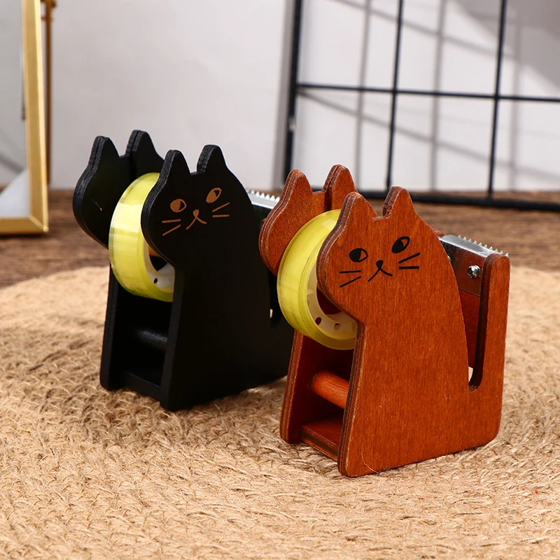 

1Pcs Tape Cutter Tape Dispenser Cartoon Cat Wooden Tape Cutter Holder Roller Tape Dispenser