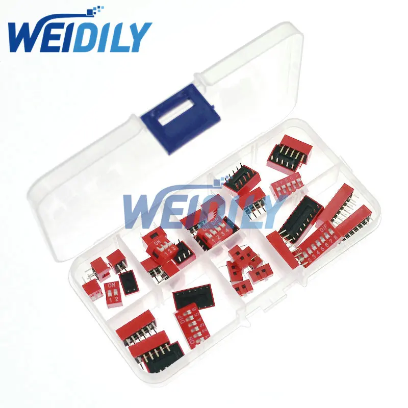

35PCS/LOT Dip Switch Kit In Box 1 2 3 4 5 6 8 Way 2.54mm Toggle Switch Red Snap Switches Mixed Kit Each 5PCS Combination Set