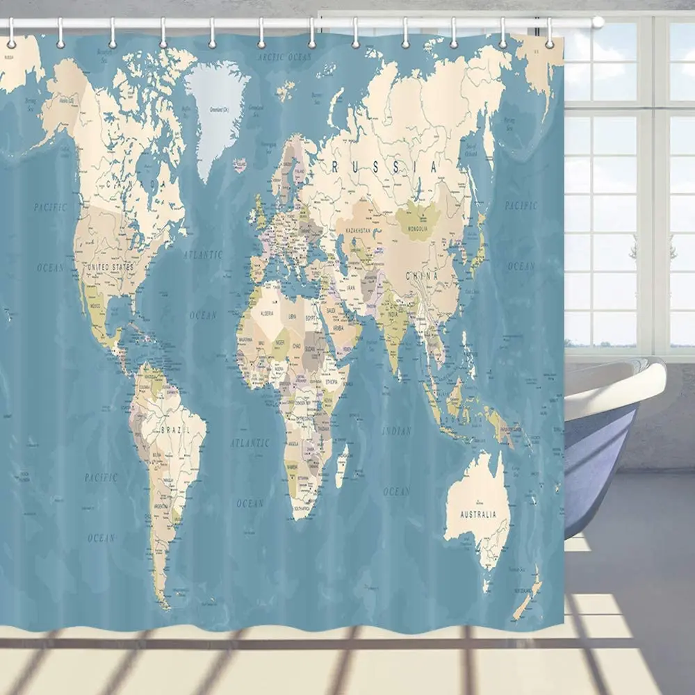 

World Map Shower Curtain Geography Global Country Capital Cities Ocean Mountains Bathroom Polyester Bath Curtains with Hooks